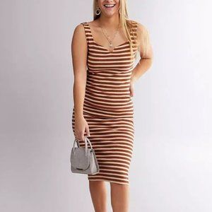 Billabong Night Magic Striped Midi Dress Size M Ribbed Knit Body Con Brown